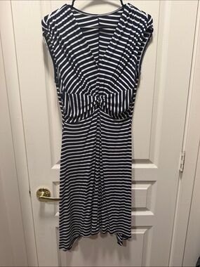 Striped Navy and White Knot-Front Midi Dress